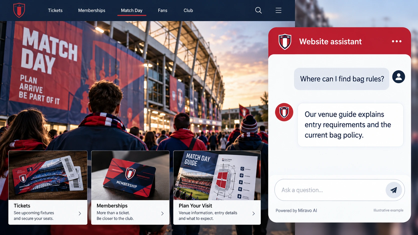 Illustrative sports-club ticketing, memberships and fan support scene showing a Miravo AI chatbot conversation about prepare for the venue.