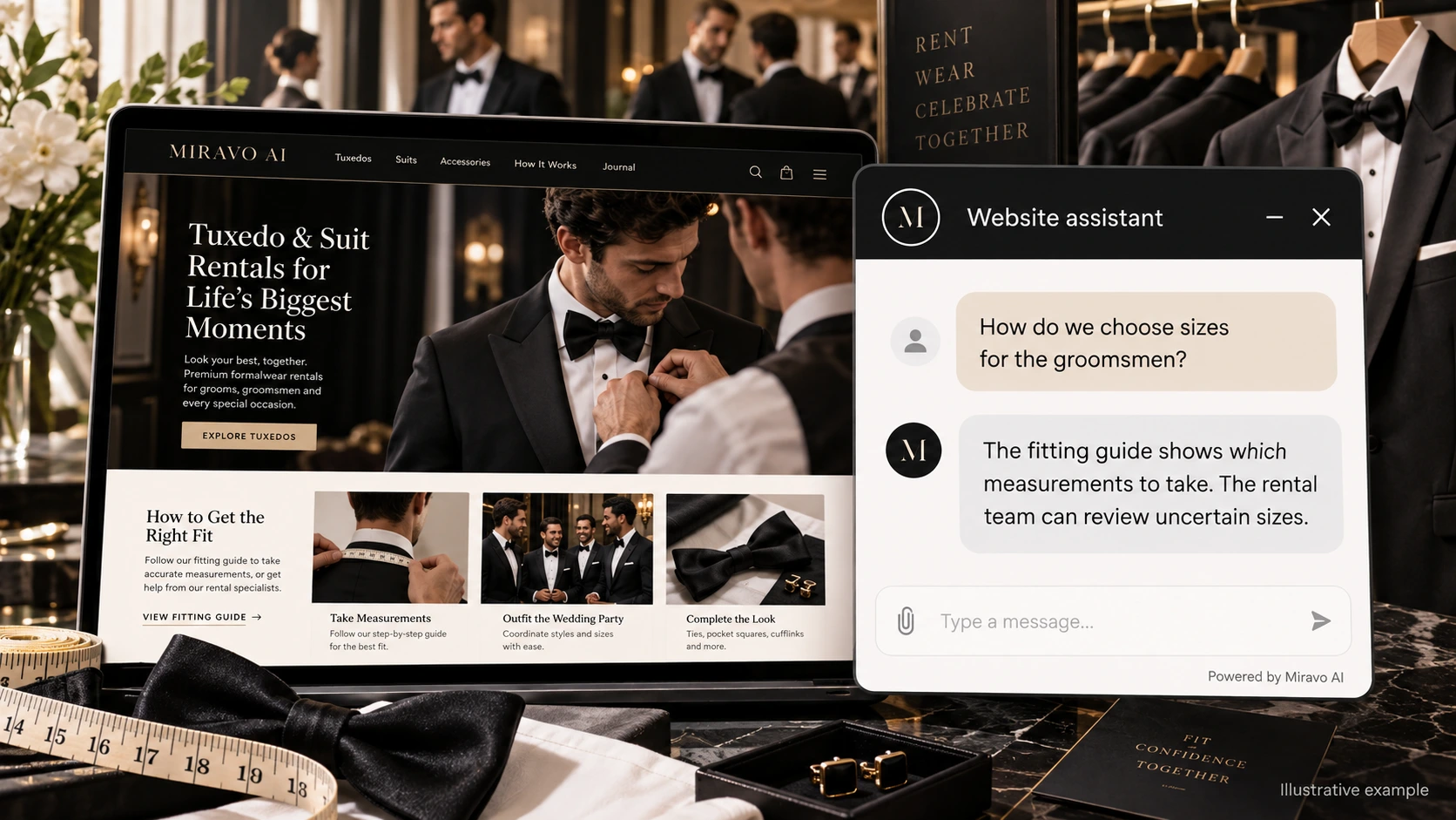 Illustrative suit and tuxedo rental scene showing a Miravo AI chatbot conversation about start with measurements.