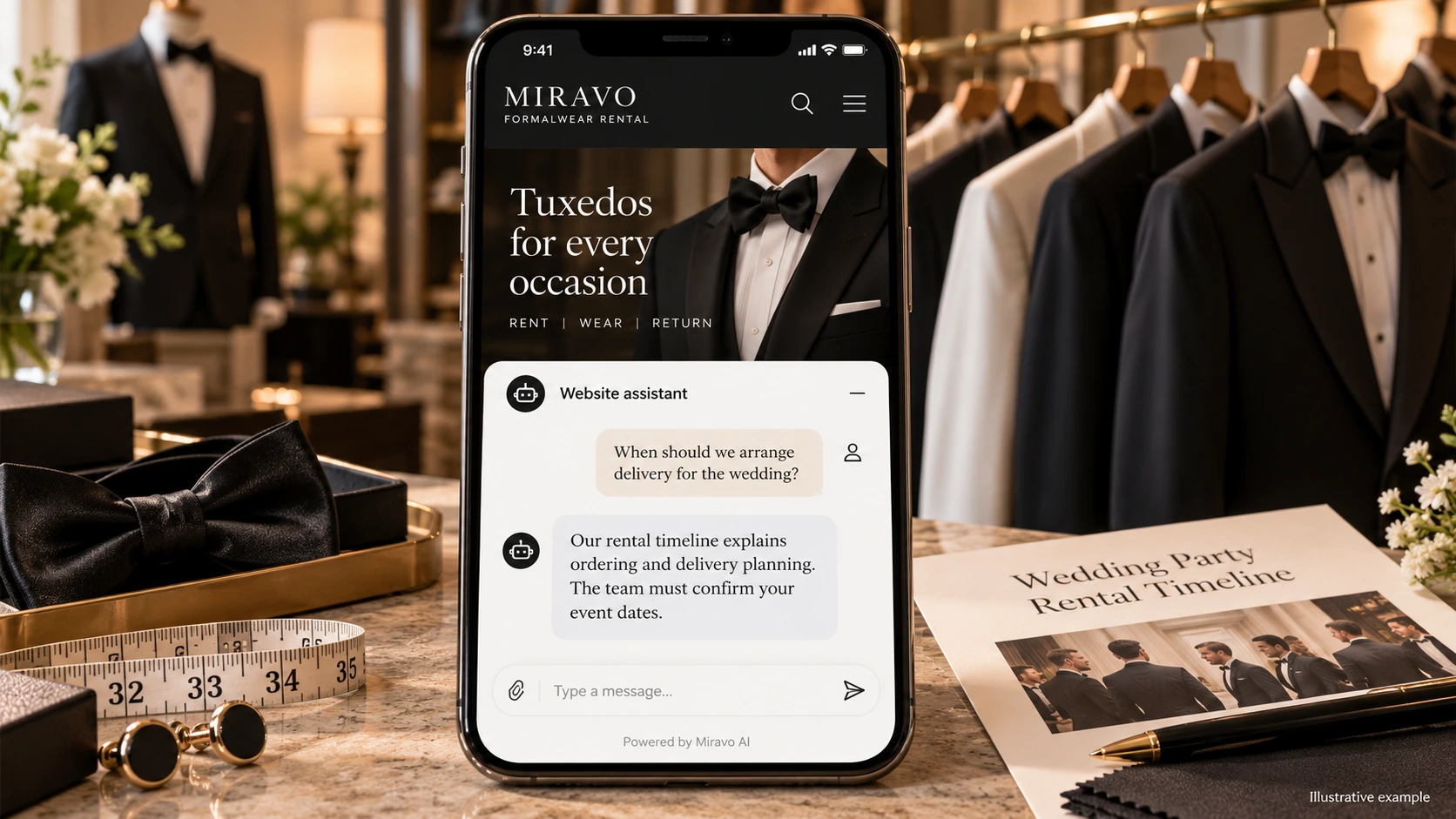 Illustrative suit and tuxedo rental scene showing a Miravo AI chatbot conversation about explain the rental window.