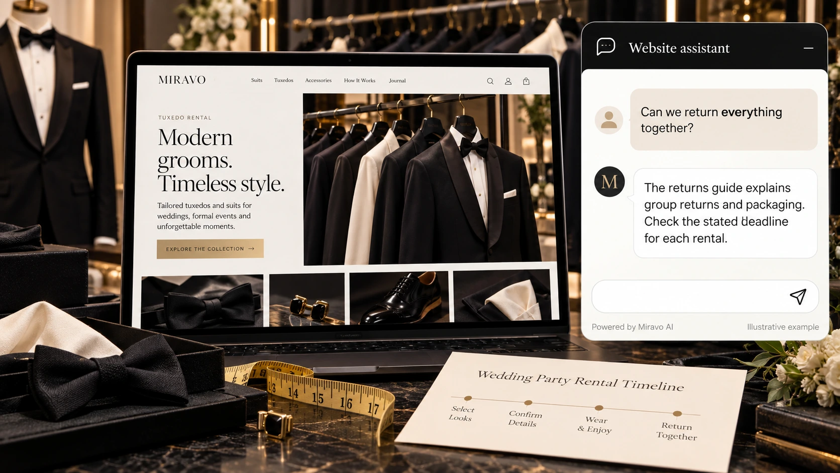 Illustrative suit and tuxedo rental scene showing a Miravo AI chatbot conversation about make returns simple.