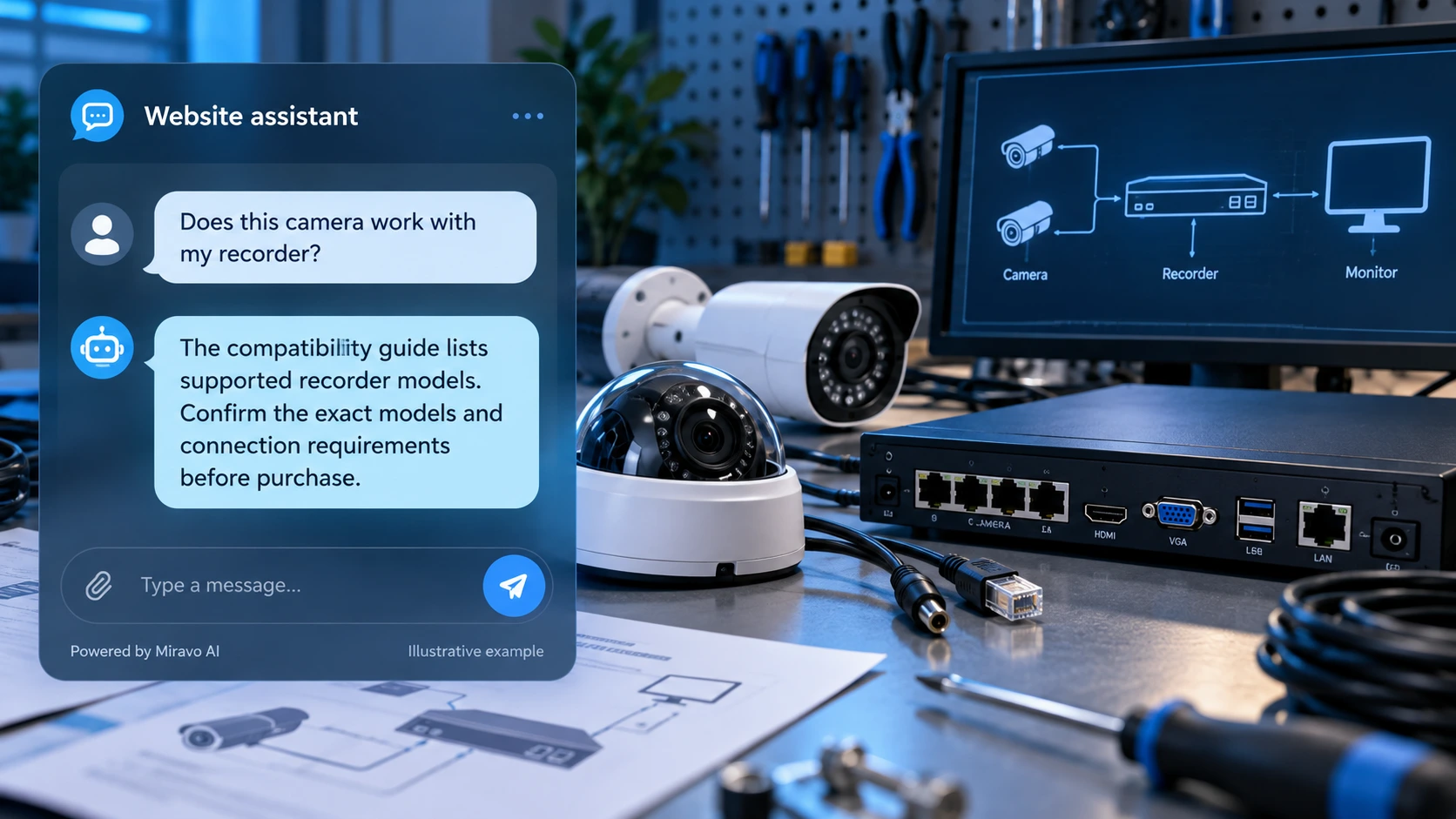 Illustrative surveillance electronics scene showing a Miravo AI chatbot conversation about check a camera connection.