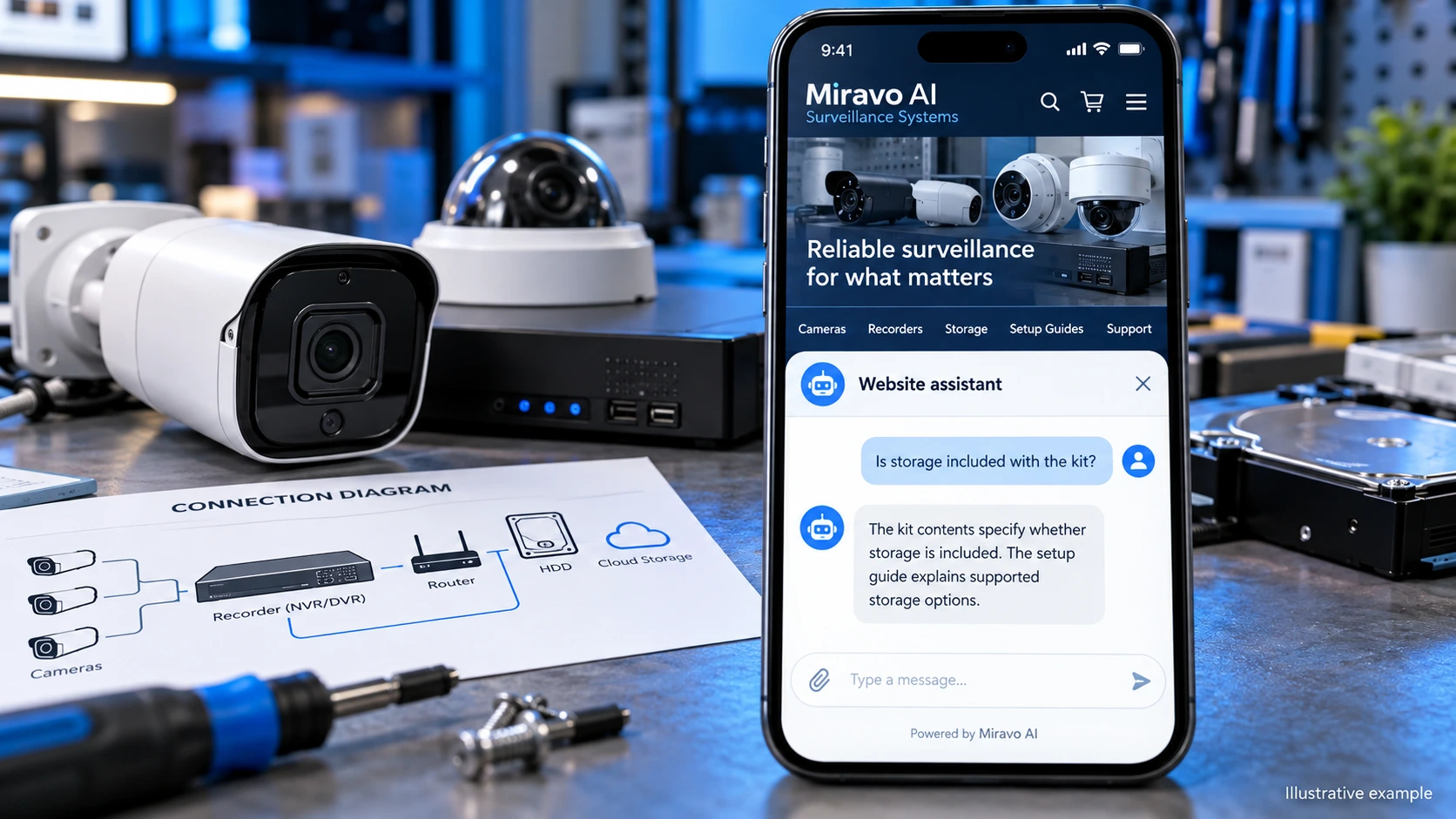 Illustrative surveillance electronics scene showing a Miravo AI chatbot conversation about explain recording options.