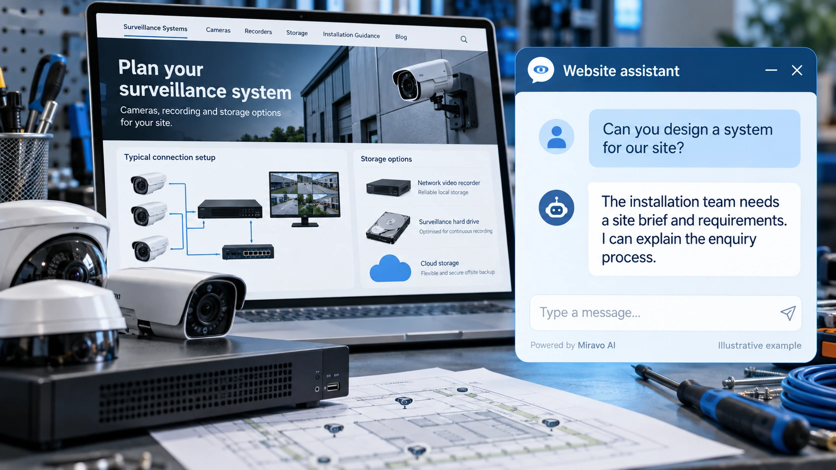 Illustrative surveillance electronics scene showing a Miravo AI chatbot conversation about prepare an installation enquiry.
